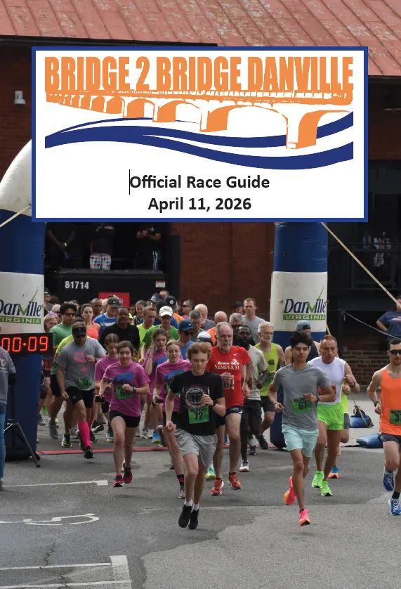 Runners starting the Bridge 2 Bridge Danville race, with a large banner overhead.
