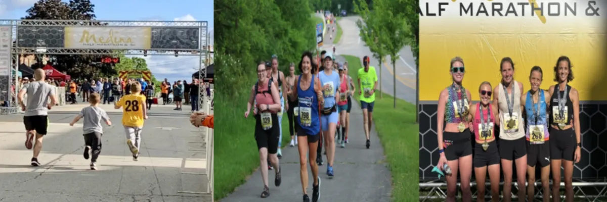 Collage of runners crossing a finish line, running on a road, and posing with medals.
