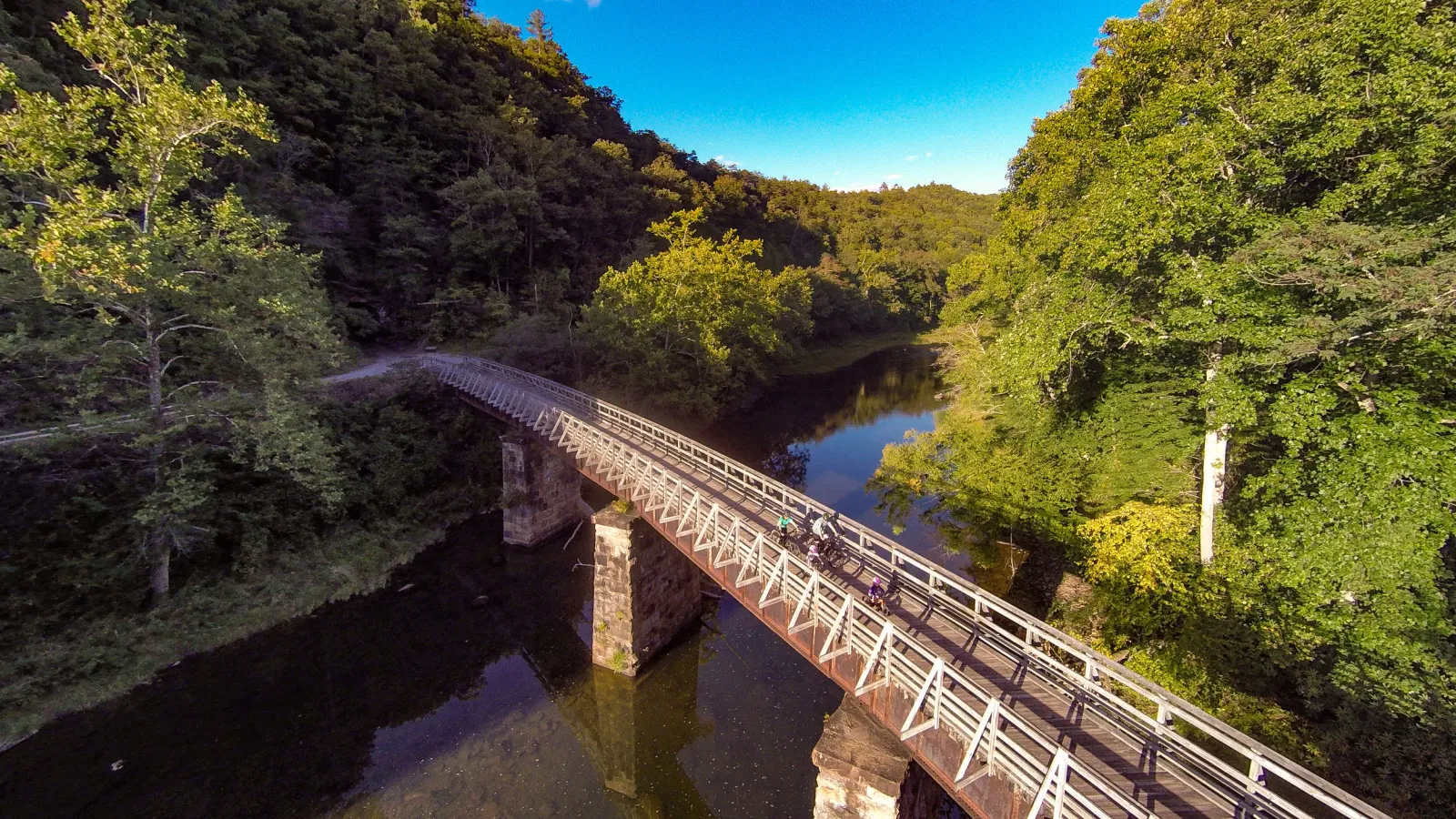 People on bicycles crossing a wooden bridge over a river surrounded by lush green trees.