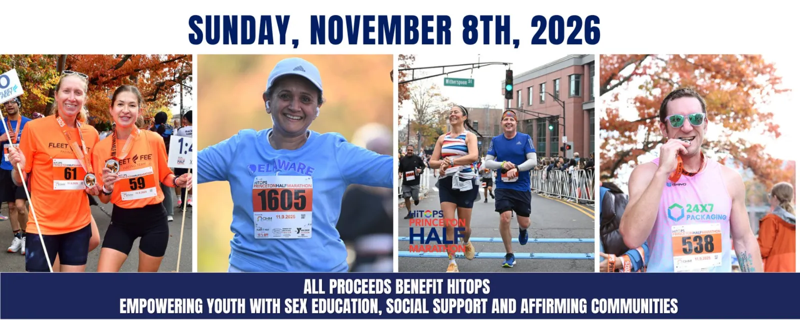Collage of runners celebrating at the Hitops Princeton Half Marathon, with text overlay announcing the date and beneficiary.