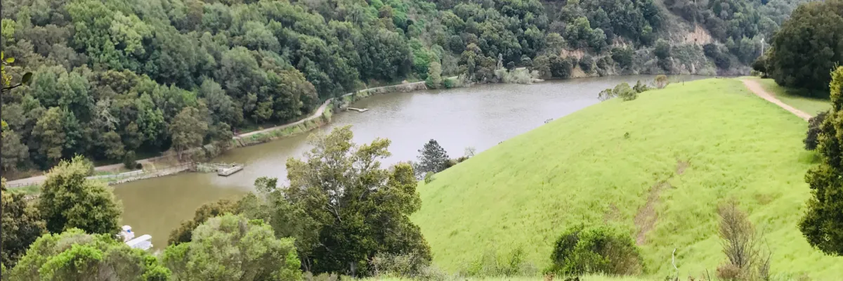 Scenic view of Lake Chabot with a trail path winding along the water and green hills.