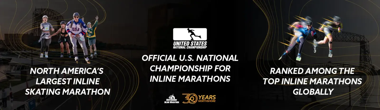 Promotional banner for the Northshore Inline Marathon, featuring inline skaters in action and text highlighting the race's significance.