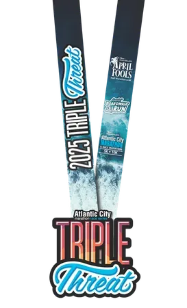 A race medal for the Atlantic City Triple Threat, featuring the year 2025 and the April Fools Half Marathon and 8K.