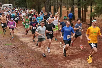A large group of runners starting a race on a dirt path surrounded by trees.