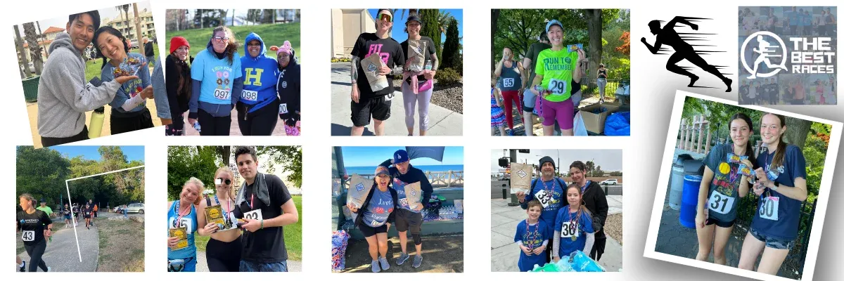 Collage of photos showing runners and groups of people at a race, some holding medals and bags.