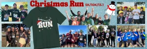 Collage of photos showing groups of people participating in the Christmas Run, with race distances and a t-shirt graphic.