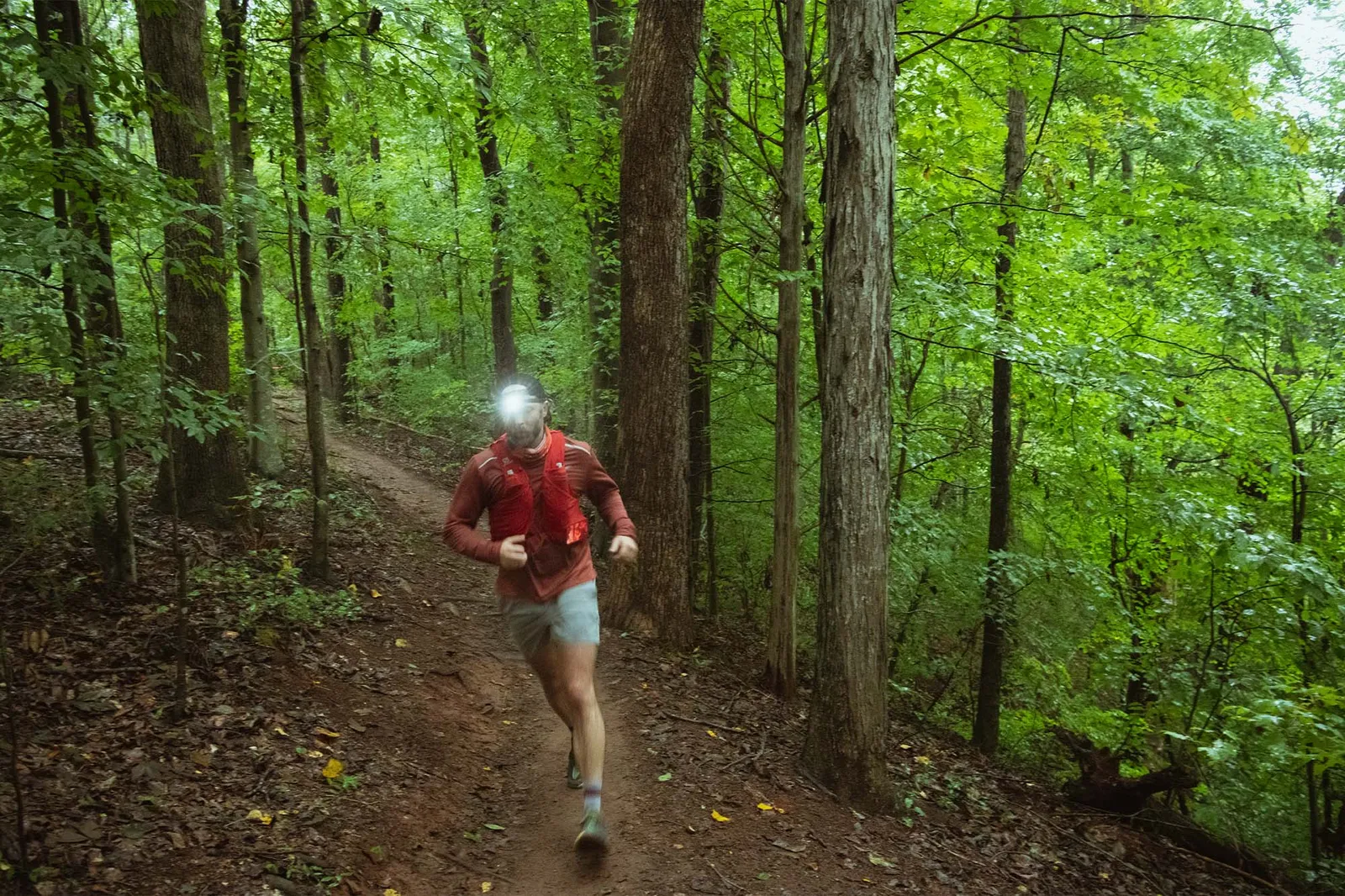 A solo runner with a headlamp runs on a dirt trail through a lush green forest.