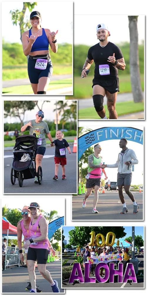 Collage of photos from the Akahai 5k, 10k, and Half Marathon, showing runners crossing the finish line, families participating, and celebratory "ALOHA" signage.