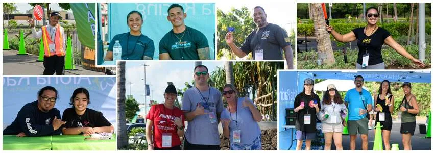 Collage of photos from the Akahai 5k, 10k, and Half Marathon, showing volunteers, participants, and event staff.