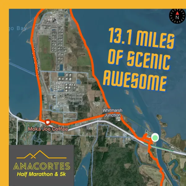 Map of the Anacortes Half Marathon & 5k course, highlighting 13.1 miles of scenic waterfront and urban areas.