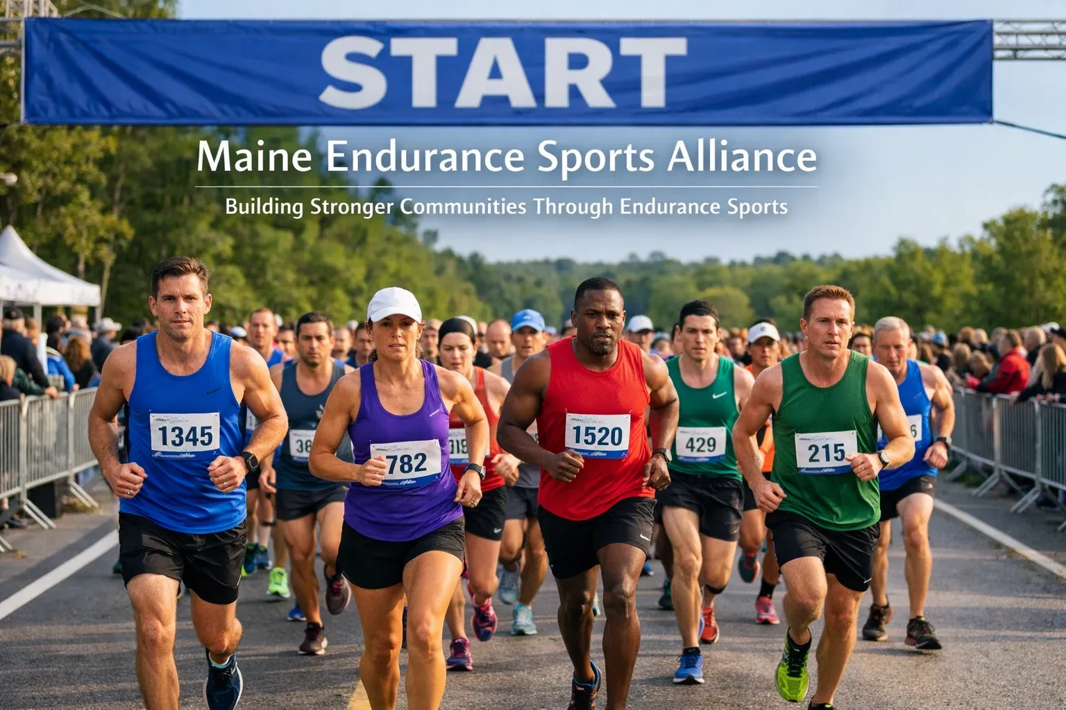 Runners starting a race under a blue banner that says START.