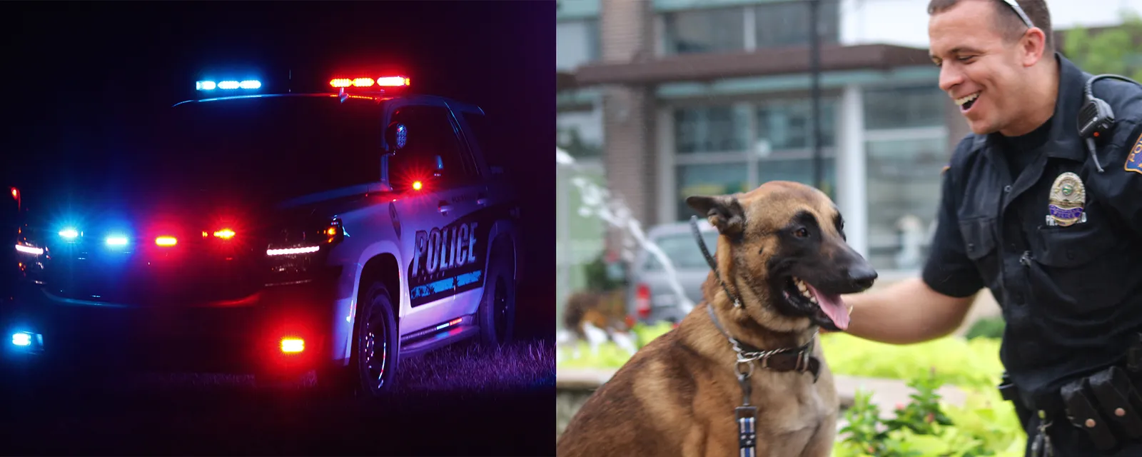 A police officer smiling and interacting with a K9 unit dog, with a police car visible in the background.