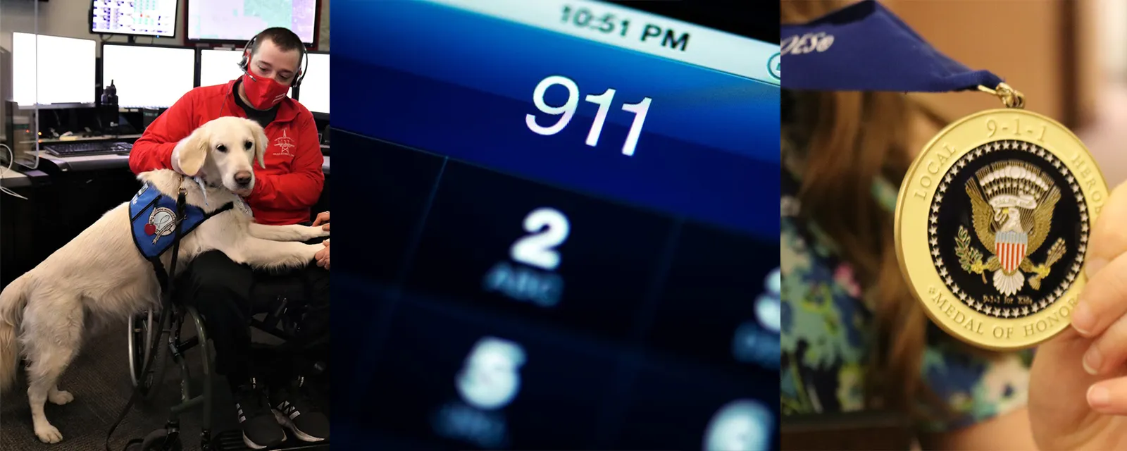 A collage showing a person with a service dog, a close-up of a phone screen displaying '911', and a hand holding a 'Local 9-1-1 Hero Medal of Honor'.