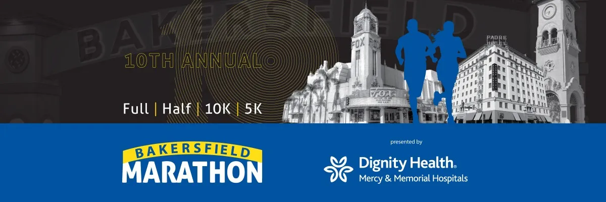 Silhouettes of two runners in motion against a backdrop of the Fox Theater and Padre Hotel in Bakersfield, with text indicating the 10th Annual Bakersfield Marathon and race distances.