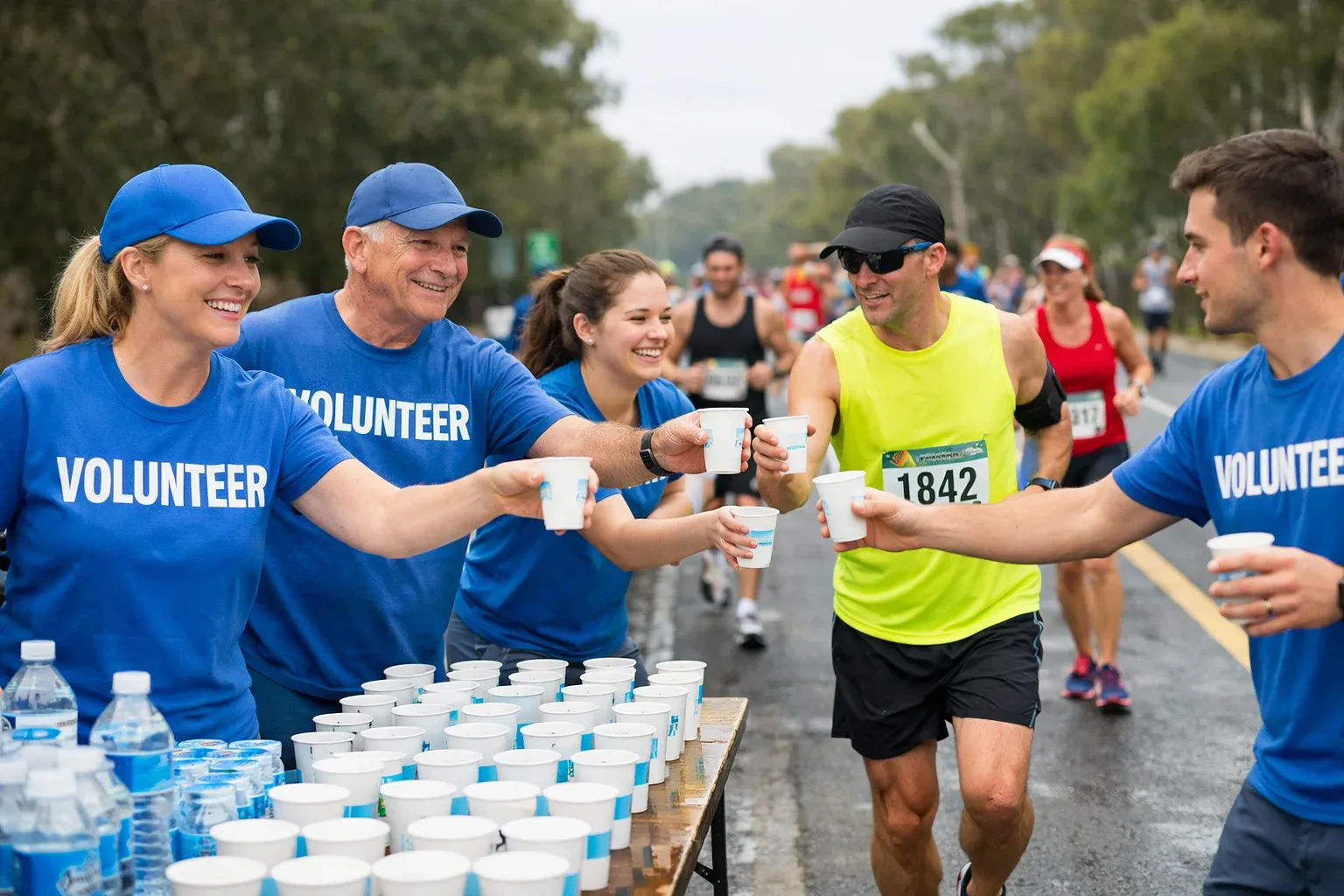 Volunteers in blue shirts and hats smile as they hand cups of water to runners on a road during a race.