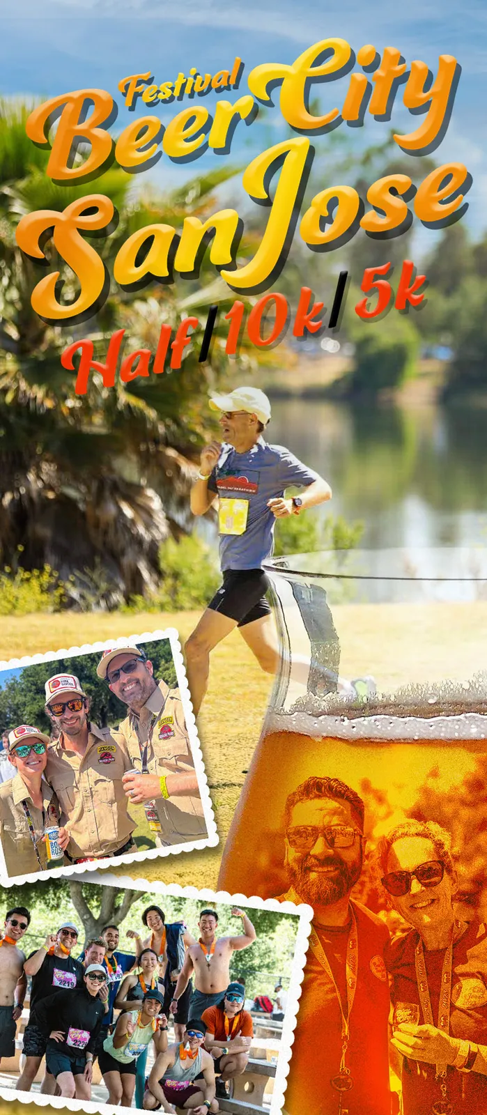 A collage of photos from the Beer City San Jose Half Marathon, showing runners, groups of participants celebrating with medals, and volunteers.