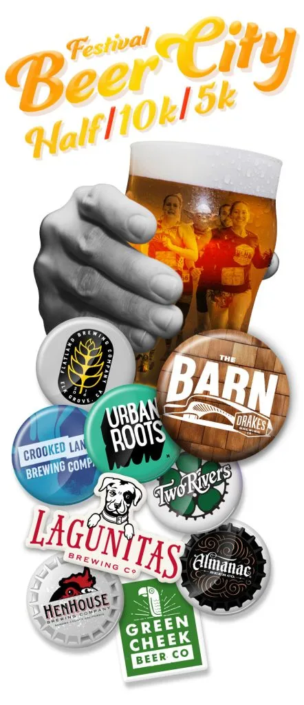 Runners visible through a beer glass, surrounded by various brewery logos and event text 'Festival Beer City Half/10k/5k'.
