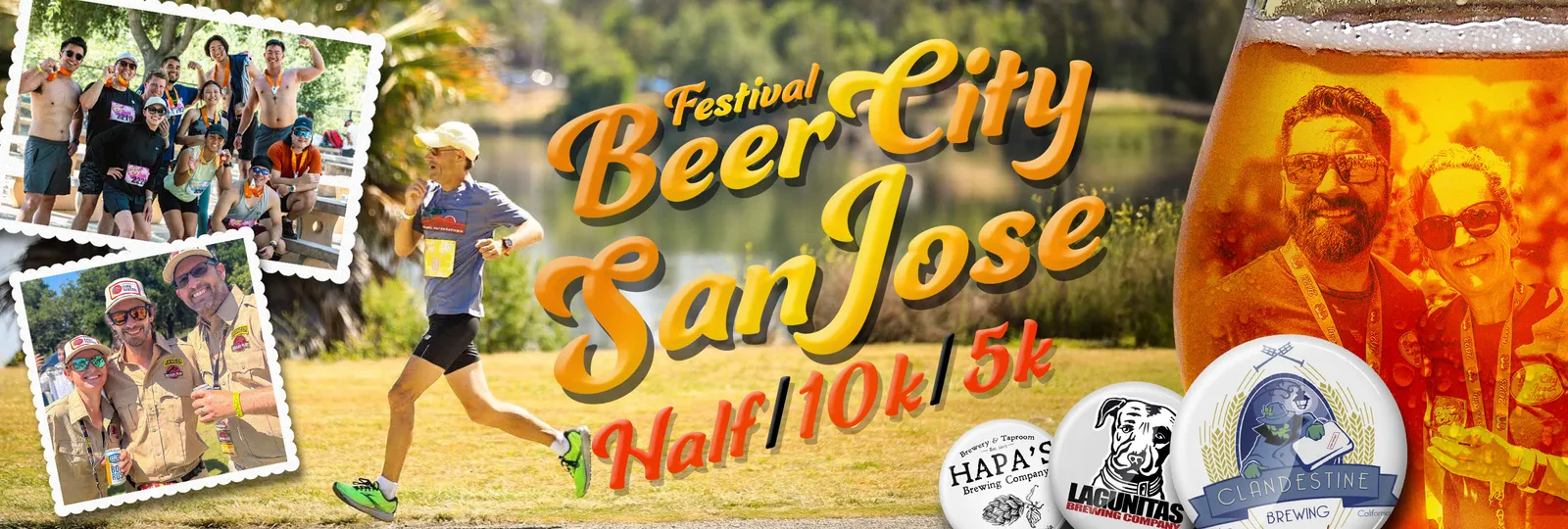 A collage of images from the Beer City San Jose Half Marathon & 5k, featuring runners, groups of participants, and event branding with beer imagery.