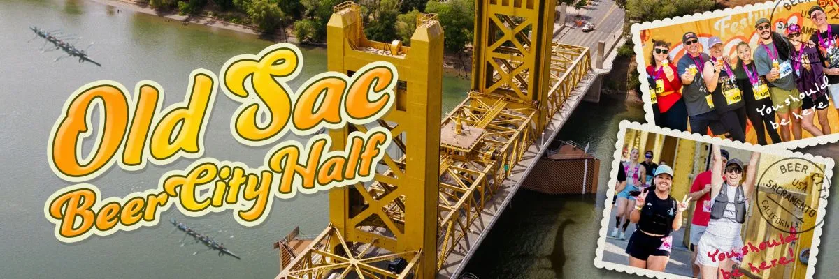 Collage of runners celebrating at the Beer City Half Marathon in Sacramento, with the Tower Bridge in the background.