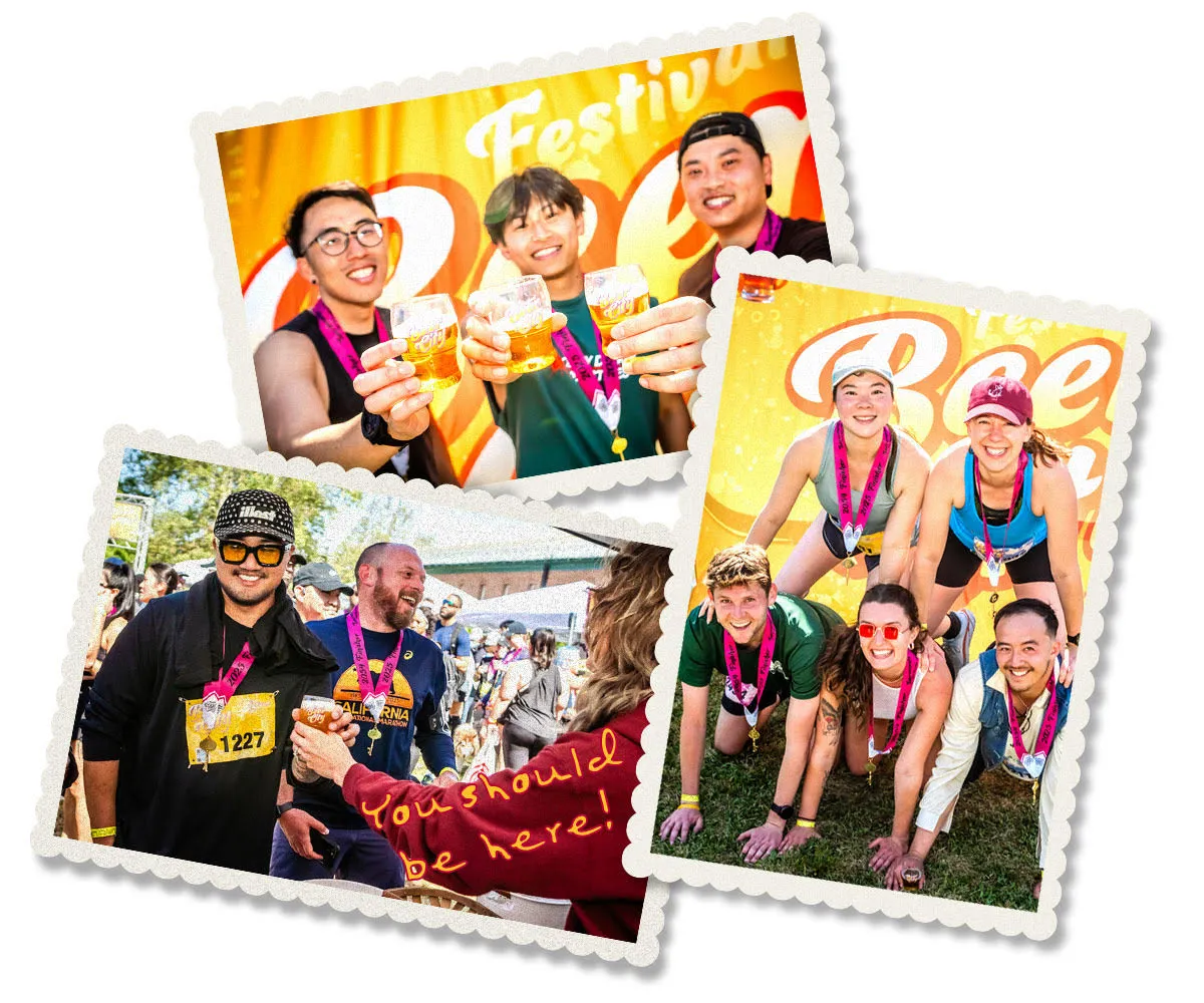Collage of photos showing runners celebrating with beers and wearing medals after a race.