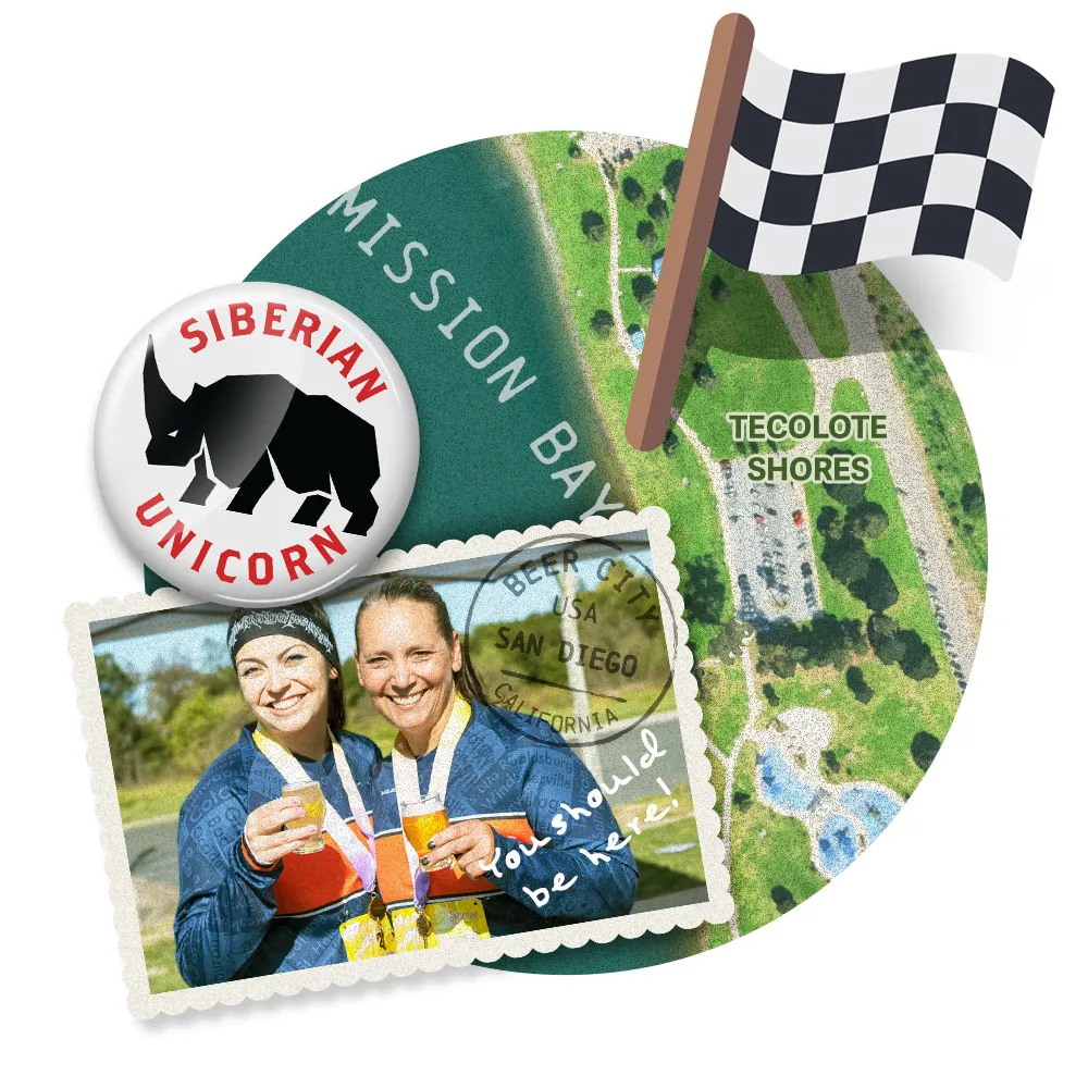 Two smiling women wearing race medals and holding drinks, with a handwritten message 'You should be here!'.