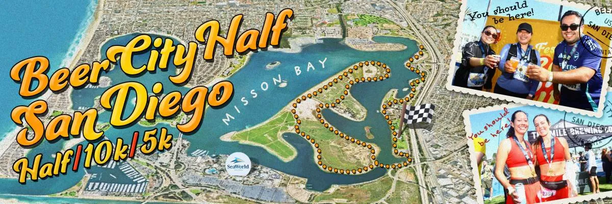 Collage featuring a map of the Beer City Half San Diego course, photos of runners celebrating and holding drinks, and race branding.