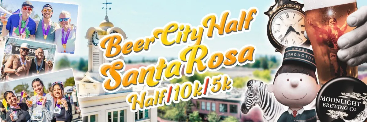 Collage of runners celebrating with medals and drinks at the Beer City Half Santa Rosa race.