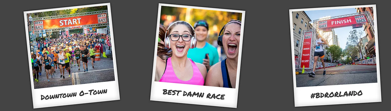A collage of three photos from the Best Damn Race in Orlando, FL, showing runners at the start line, excited participants, and a runner crossing the finish line.