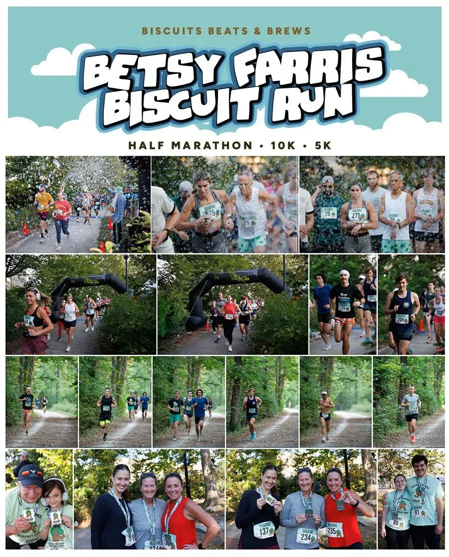 Collage of photos from the Betsy Farris Biscuit Run, showing runners crossing the finish line, participants celebrating, and people posing with their medals.