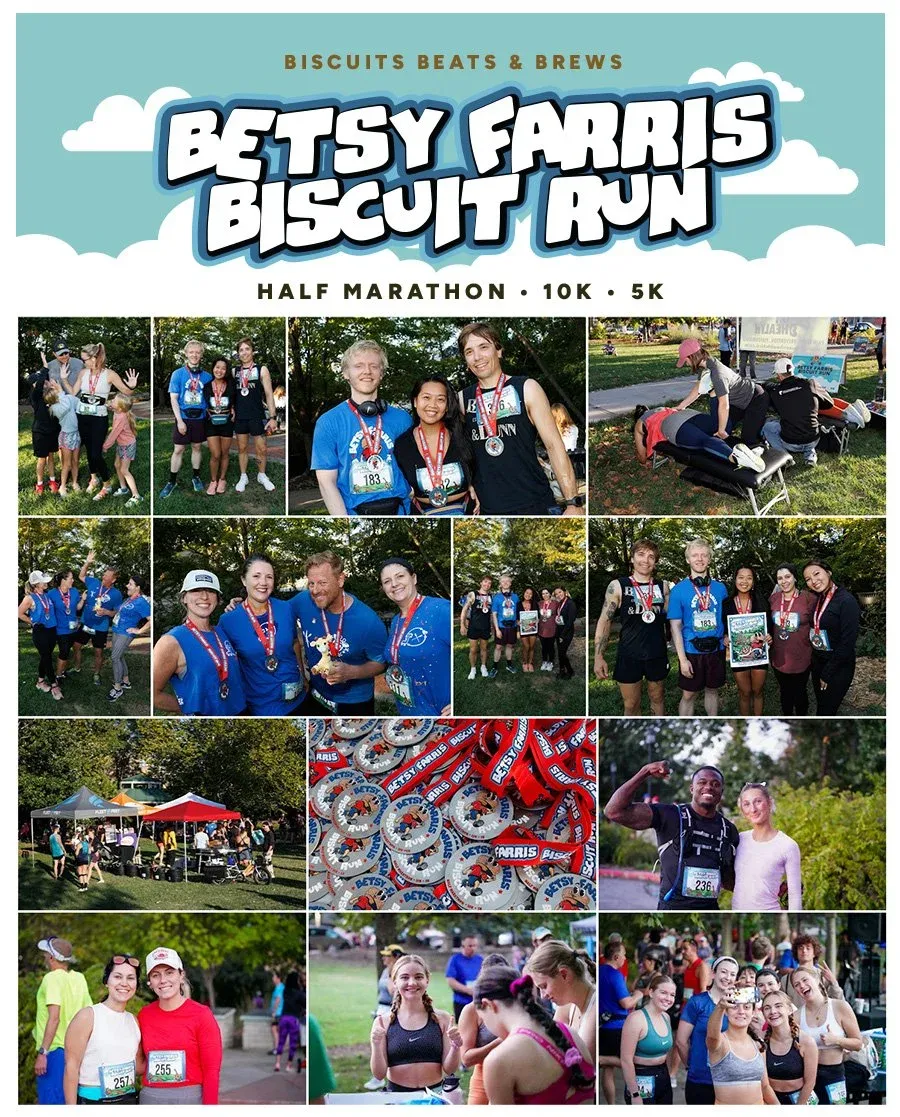 Collage of photos from the Betsy Farris Biscuit Run, showing runners, medals, and happy participants.