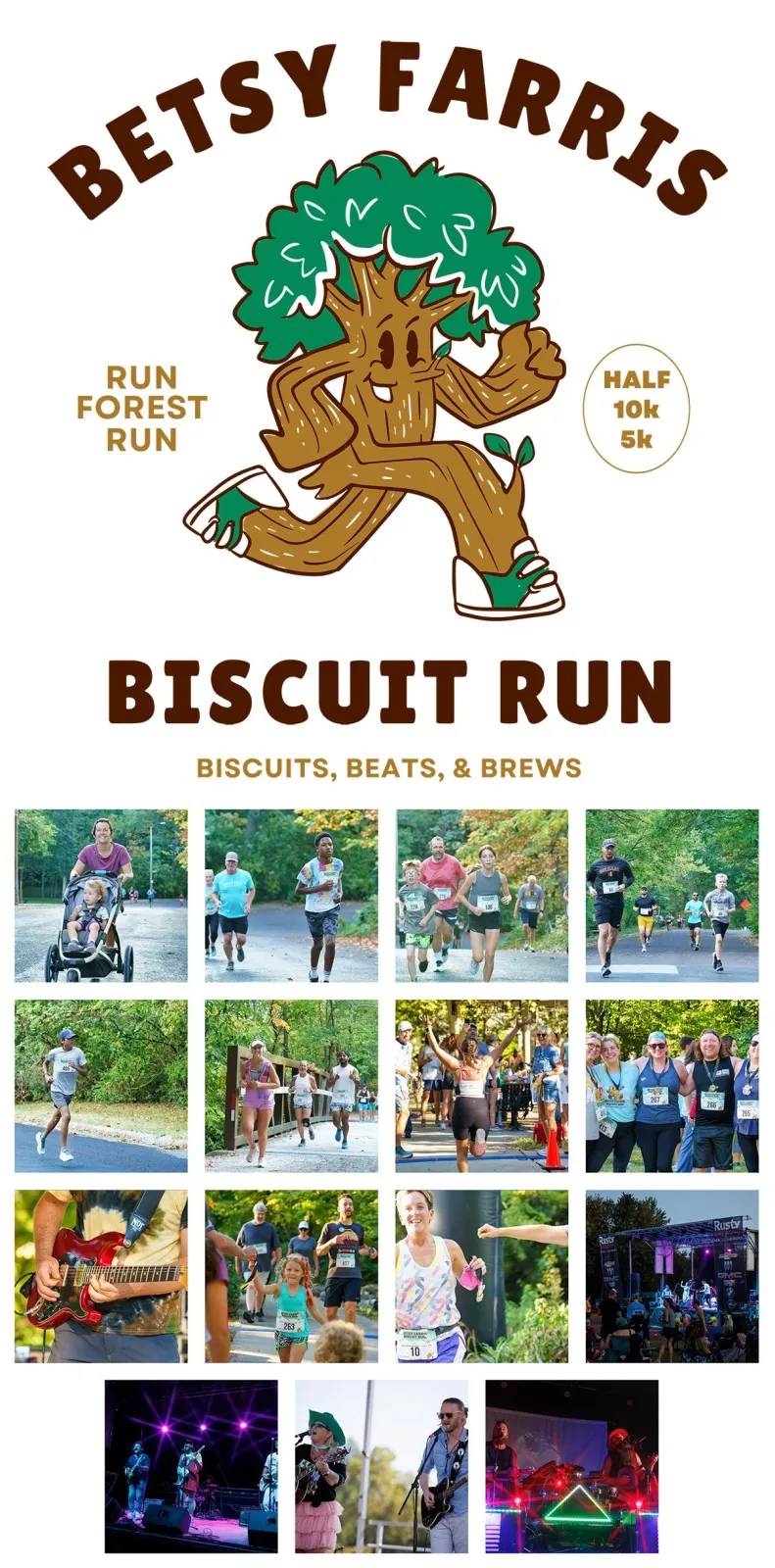 Collage of photos from the Betsy Farris Memorial Run, featuring runners of various ages, a finish line celebration, and musical performances.