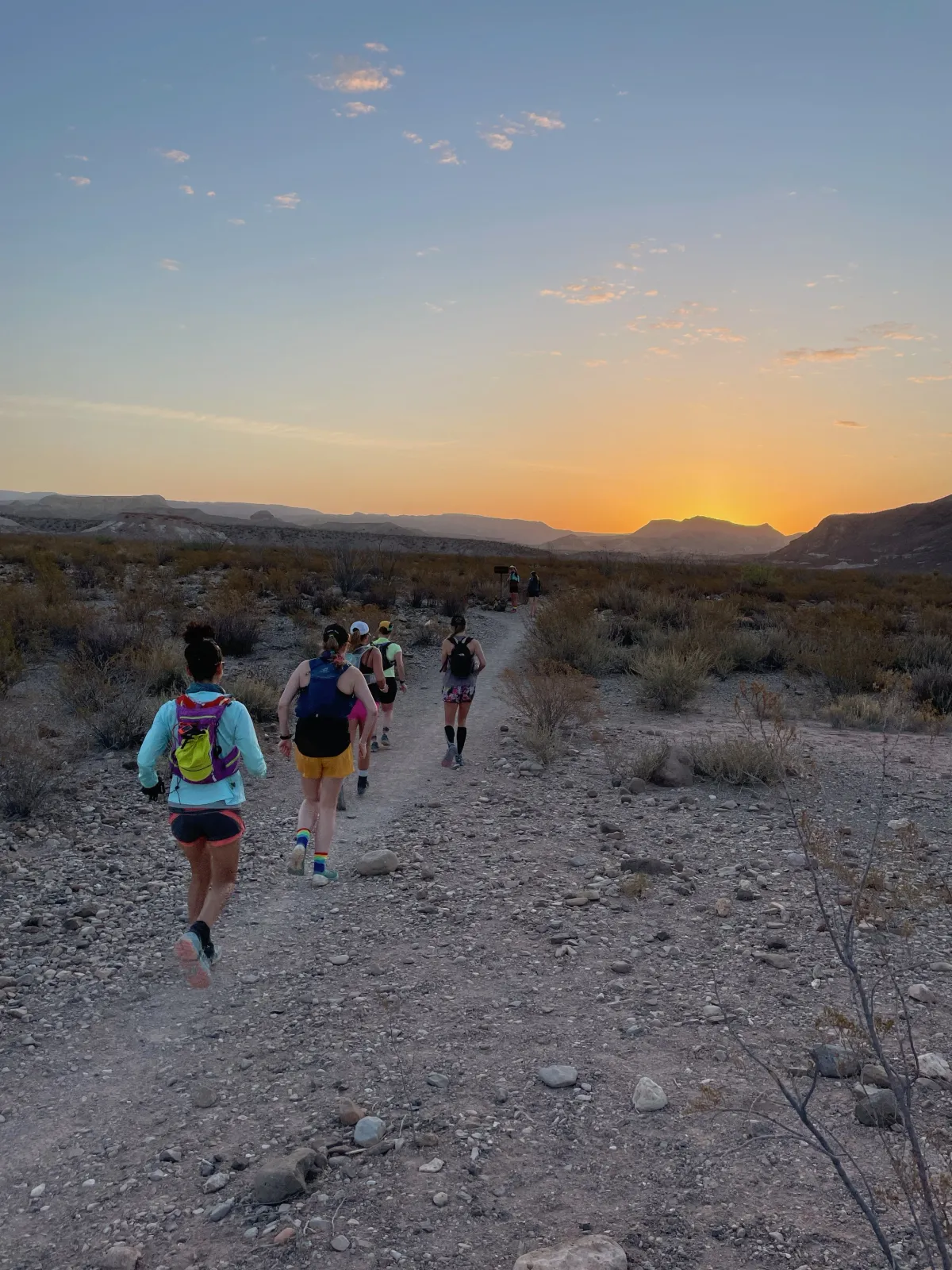 Runners on a trail with a sunset in the background.