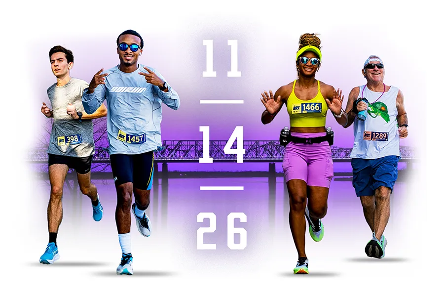 Four runners in action with a bridge and waterfront in the background, with the date 11/14/26 overlaid.