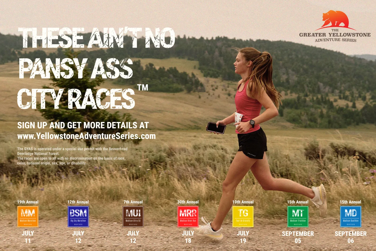 A female runner in a pink tank top and black shorts runs on a dirt path with a scenic mountain landscape in the background. Large text overlays advertise the races and website.
