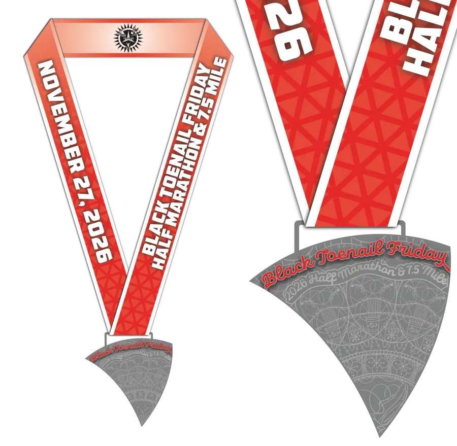 Race medal for the Black Toenail Friday Half Marathon & 7.5 Mile, dated November 27, 2026.