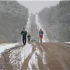 Runners ascend a snowy dirt road during a race.