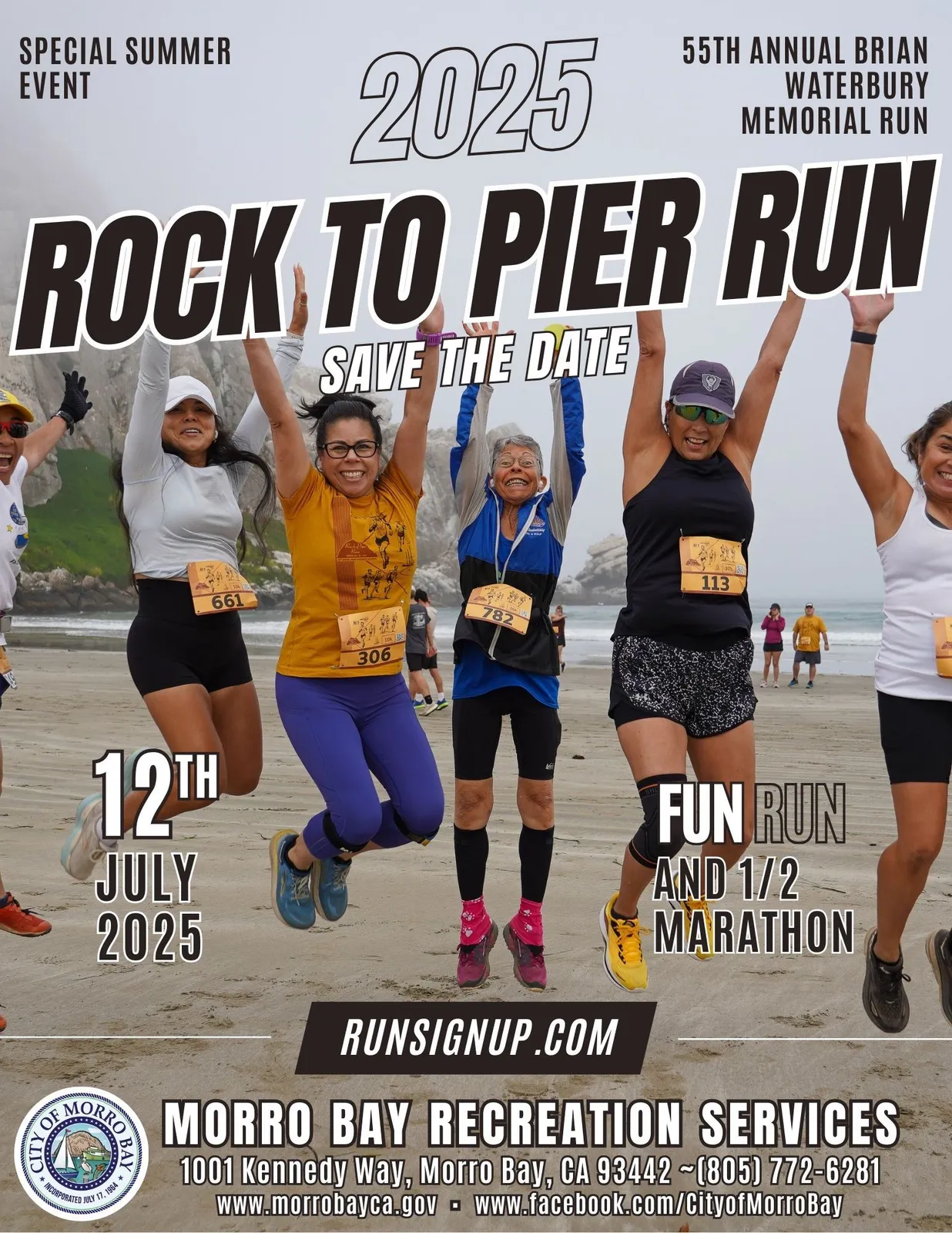 A group of diverse runners jumping in the air on a beach, celebrating the Rock to Pier Run with "SAVE THE DATE" and race details overlaid.
