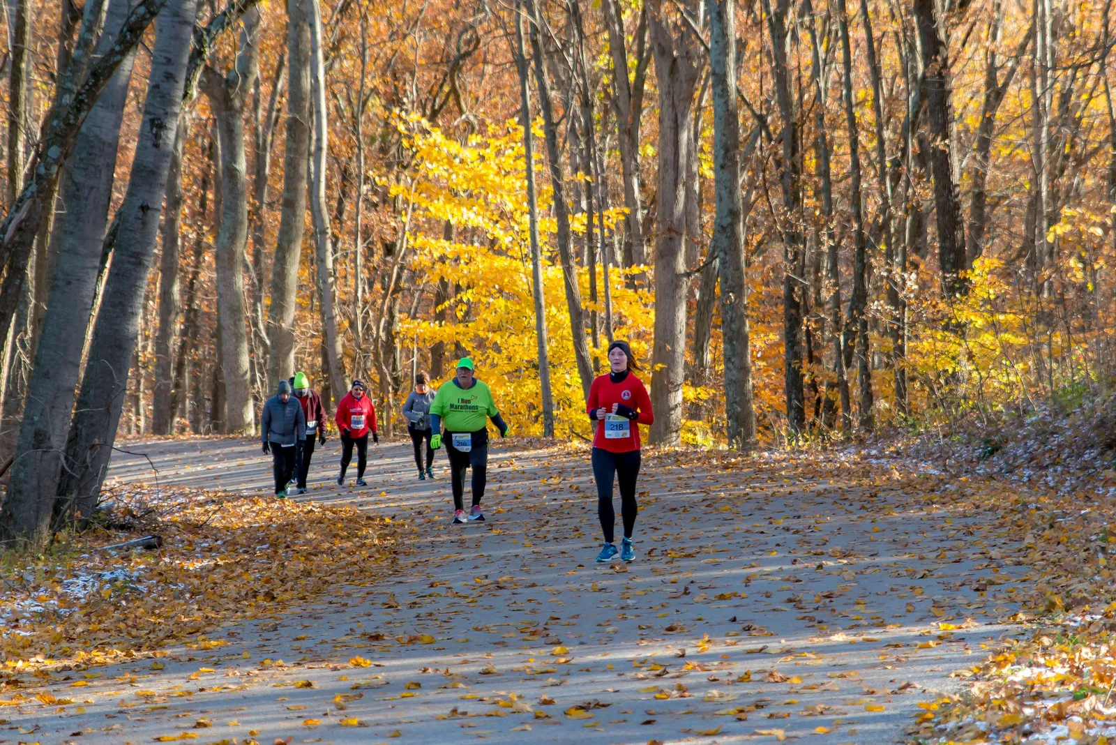 Runners on a path covered in autumn leaves, with trees displaying vibrant yellow and orange foliage.