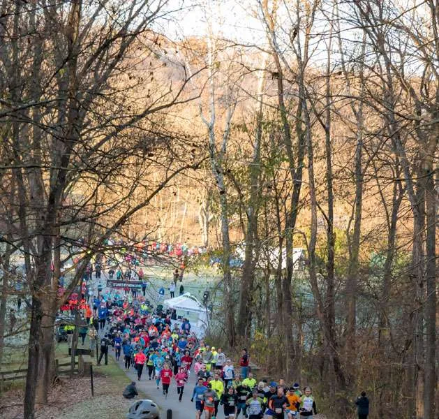 A large group of runners in colorful clothing are starting a race on a paved path surrounded by trees.
