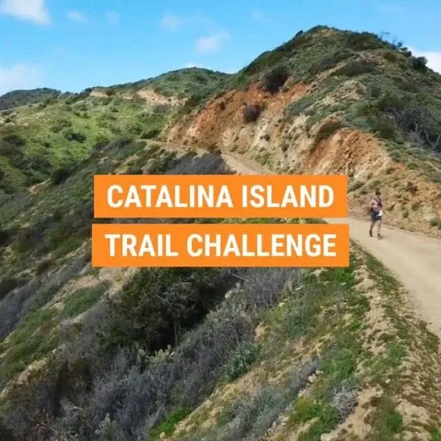 A solo runner on a scenic trail with the text "CATALINA ISLAND TRAIL CHALLENGE" overlaid.