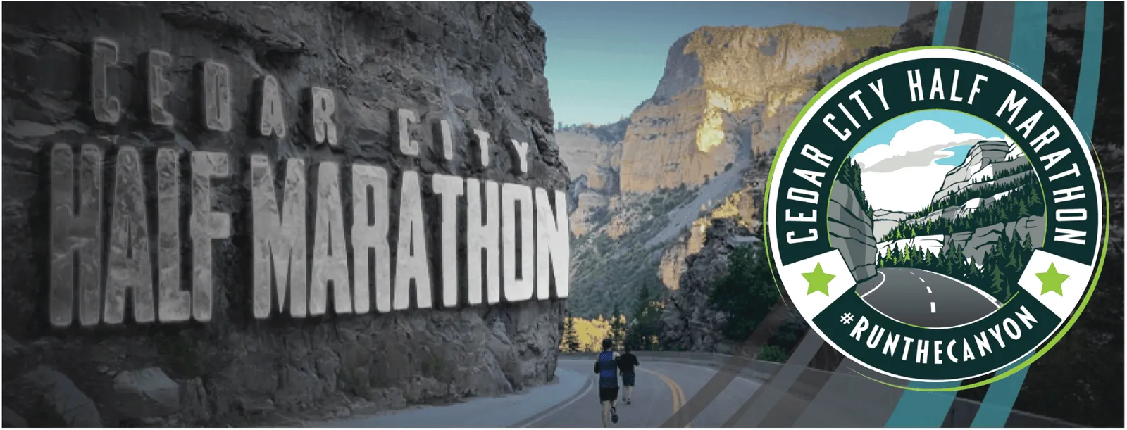 Runners on a road with the Cedar City Half Marathon logo and text overlay.