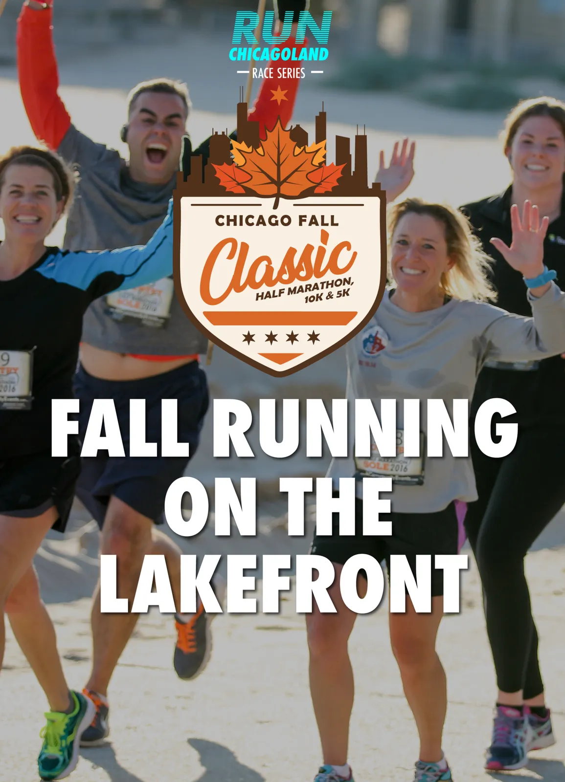 Runners celebrating on the lakefront during the Chicago Fall Classic Half Marathon, 10K & 5K.