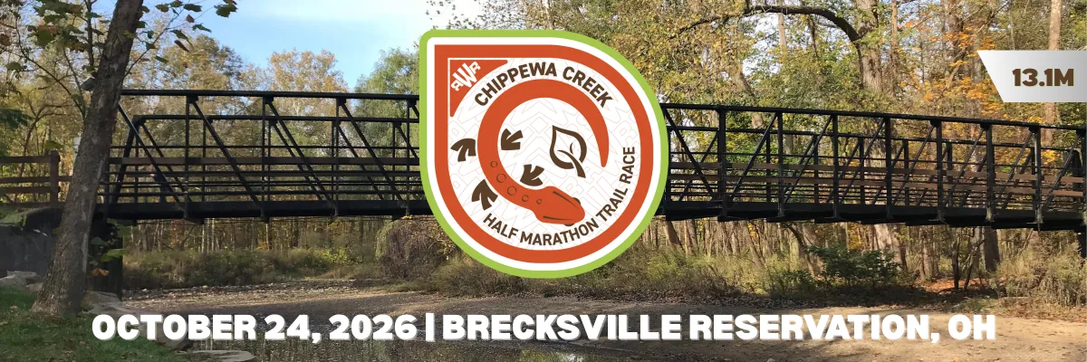 A scenic view of a bridge over Chippewa Creek with fall foliage, featuring the Chippewa Creek Half Marathon Trail Race logo and event details.