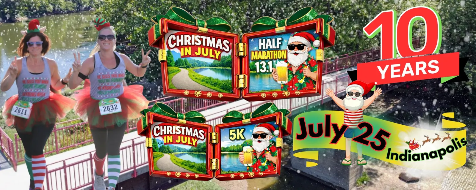 Runners in Christmas-themed outfits, including tutus and elf hats, participate in the 'Christmas in July' half marathon and 5k in Indianapolis, celebrating the event's 10th anniversary.