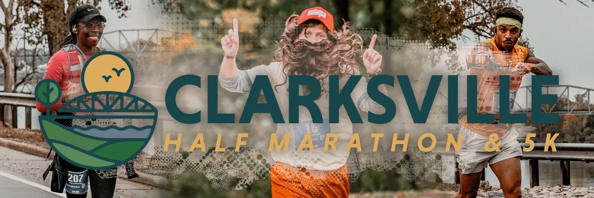 Three runners are shown in action with the text "CLARKSVILLE HALF MARATHON & 5K" overlaid on the image. The runner on the left is a woman wearing glasses and a cap, smiling. The runner in the middle is wearing a red cap and has a large fake beard, pointing upwards. The runner on the right is a man with a headband, looking intensely forward.