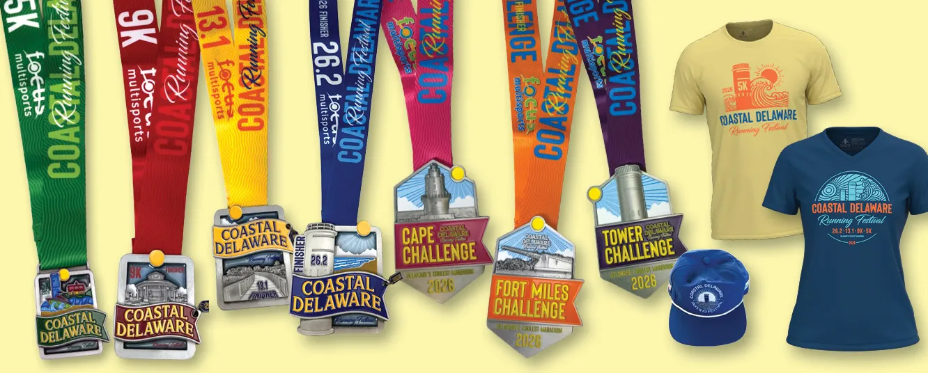 Collection of Coastal Delaware Running Festival medals for different race distances and finisher challenges, along with t-shirts and a cap.
