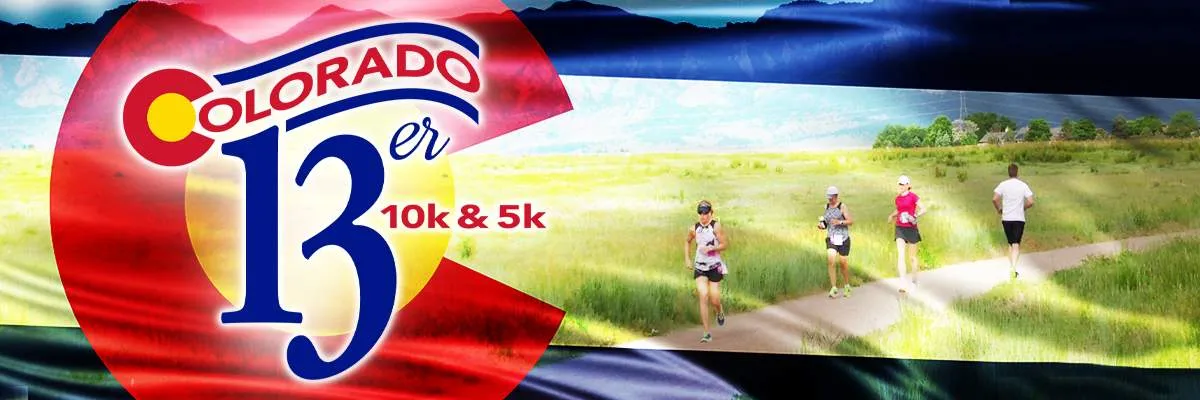 Runners on a path with the Colorado 13er logo and mountain scenery.