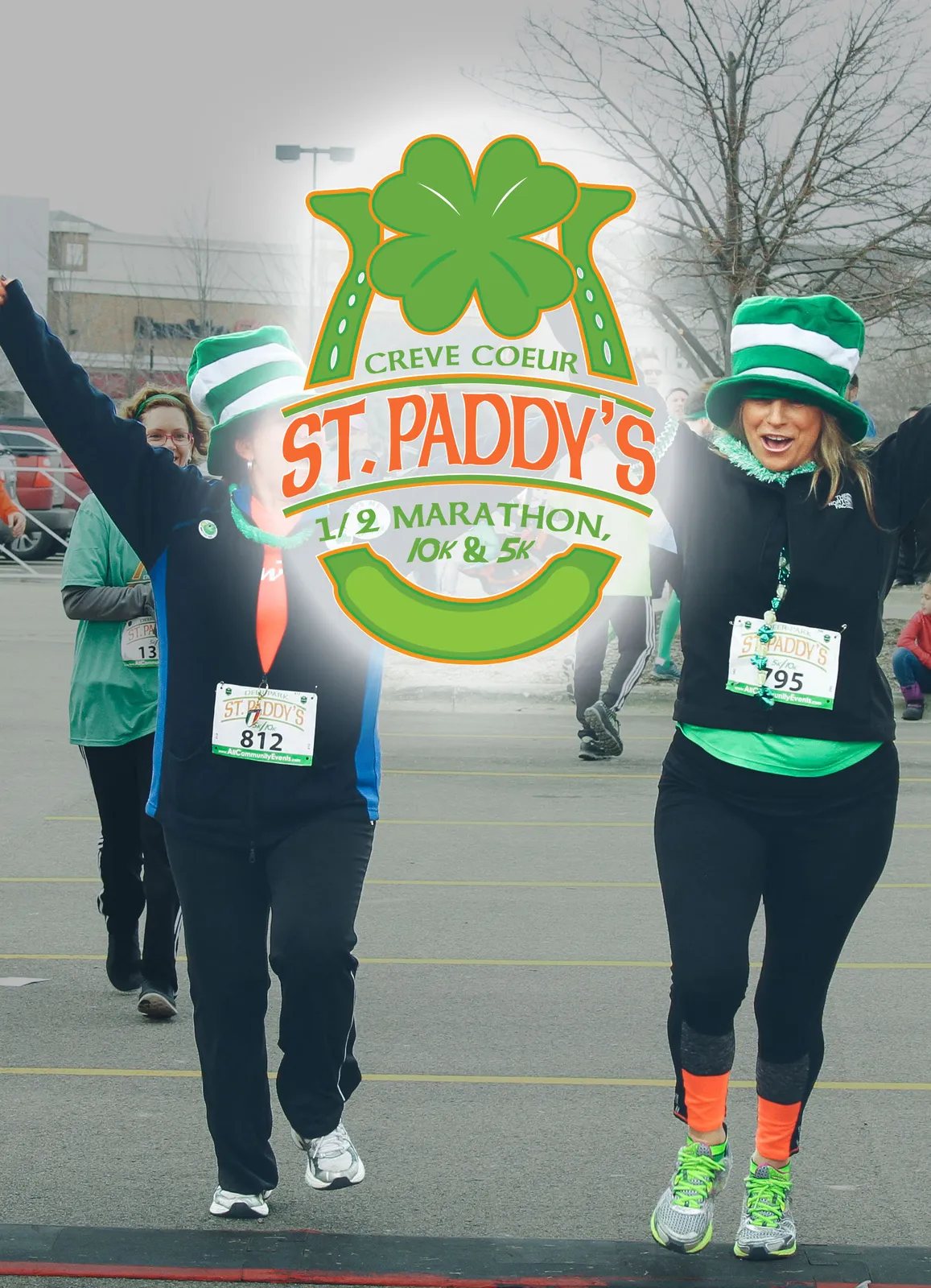 Two women in green hats and festive attire celebrate while running, with a St. Paddy's Day race logo overlaid on the image.