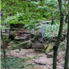 A small waterfall cascades over rocks in a lush, green forest, with a dirt path visible in the foreground.