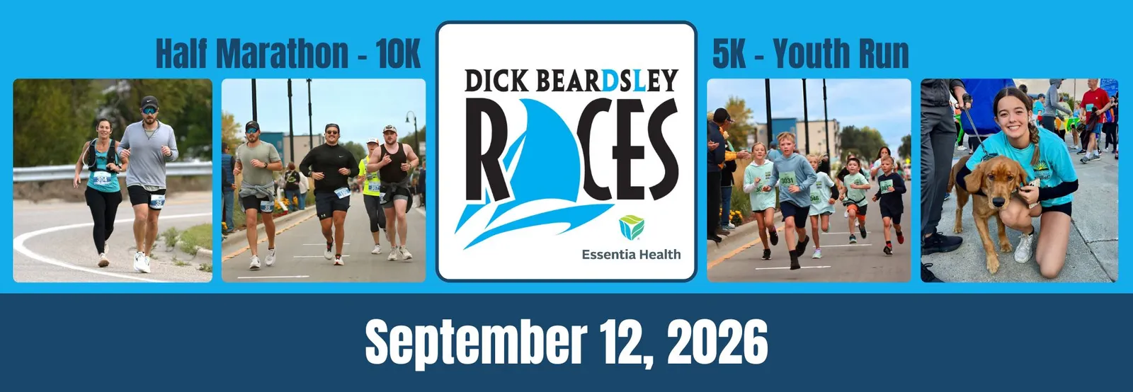 Composite image showing runners of various ages participating in the Dick Beardsley Races, including a half marathon, 10K, and 5K youth run, with a date of September 12, 2026.